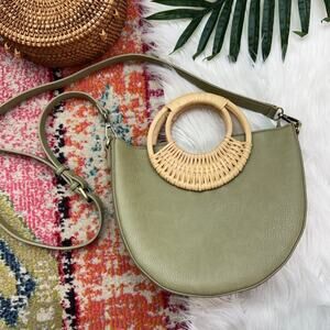 Anthropologie Green Boho Faux Leather Half Moon Top Handle Crossbody Bag Purse
